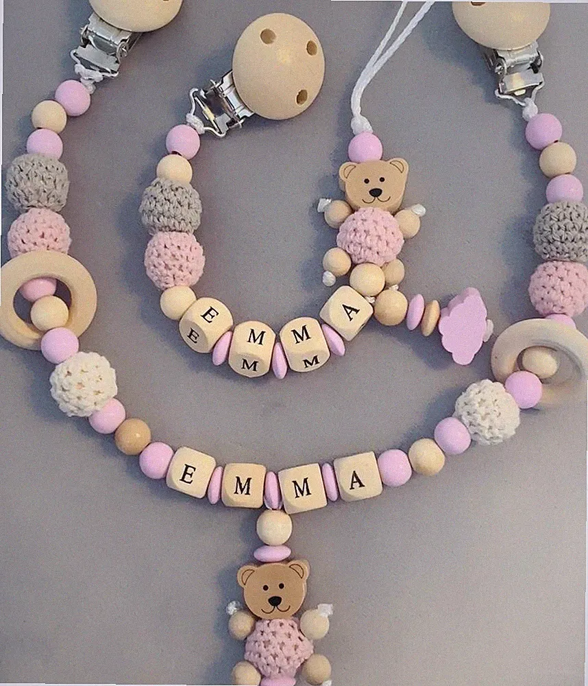 Kinderwagenkette Und Schnullerkette Mit Namen Set ★Teddy Mit Häckelbauch ★rosa