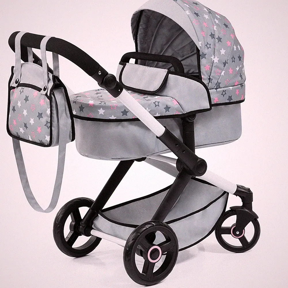 Kombi Puppenwagen Xeo grau mit Tasche verstellbarer Griff schwenkbare Vorräder