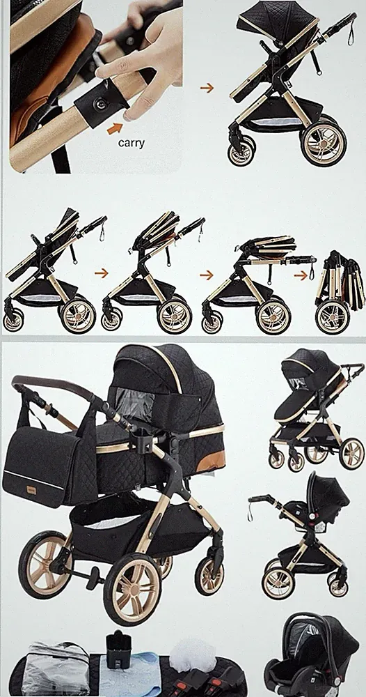 Kombikinderwagen & Sportwagen 3-in-1 schwarz/gold mit Maxi-Cosi Adapter & Dach