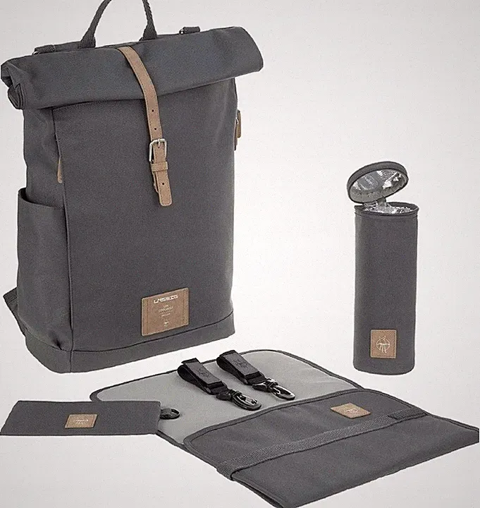 LÄSSIG ROLLTOP GREY WICKELRUCKSACK WICKELTASCHE BABYTASCHE KINDERWAGEN ORGANIZER