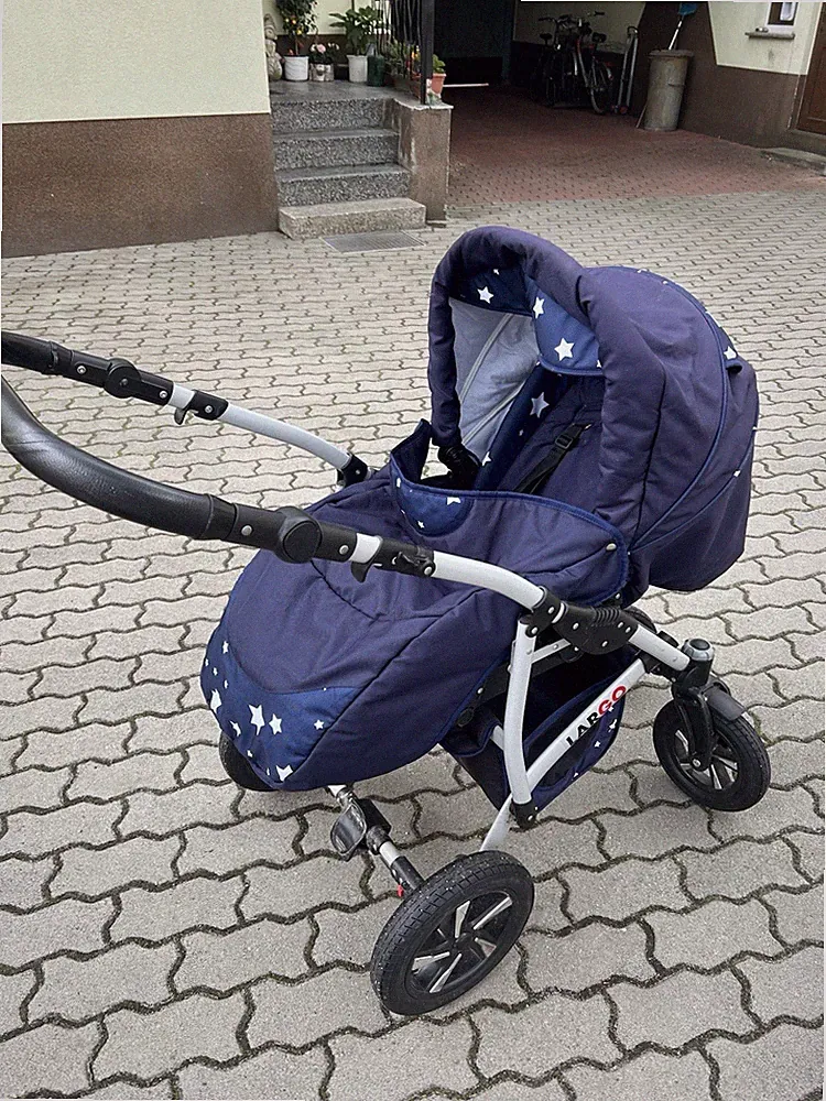 LARGO 3-in-1 Kinderwagen-Set blau Sternmuster mit Babywanne, Babyschale, Adapter