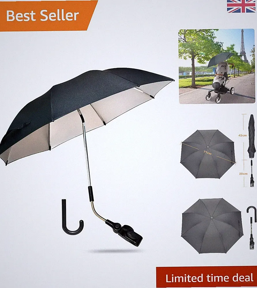 Luxuriöser 50+ UV-Schutz Kinderwagen Sonnenschirm mit verstellbarer Klemme - Schwarz 73 cm