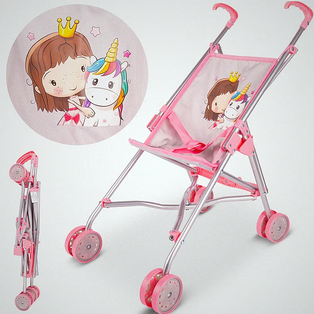 Malplay Puppenwagen Leicht Klappbarer Rosa Kinderwagen Einhorn Motiv Prinzessin