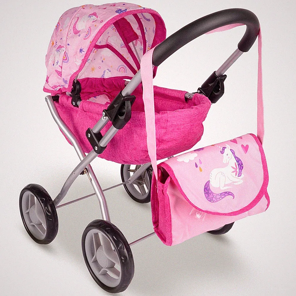 Malplay Puppenwagen verstellbares Verdeck große Räder Rosa Einhorn Motiv ab 3J