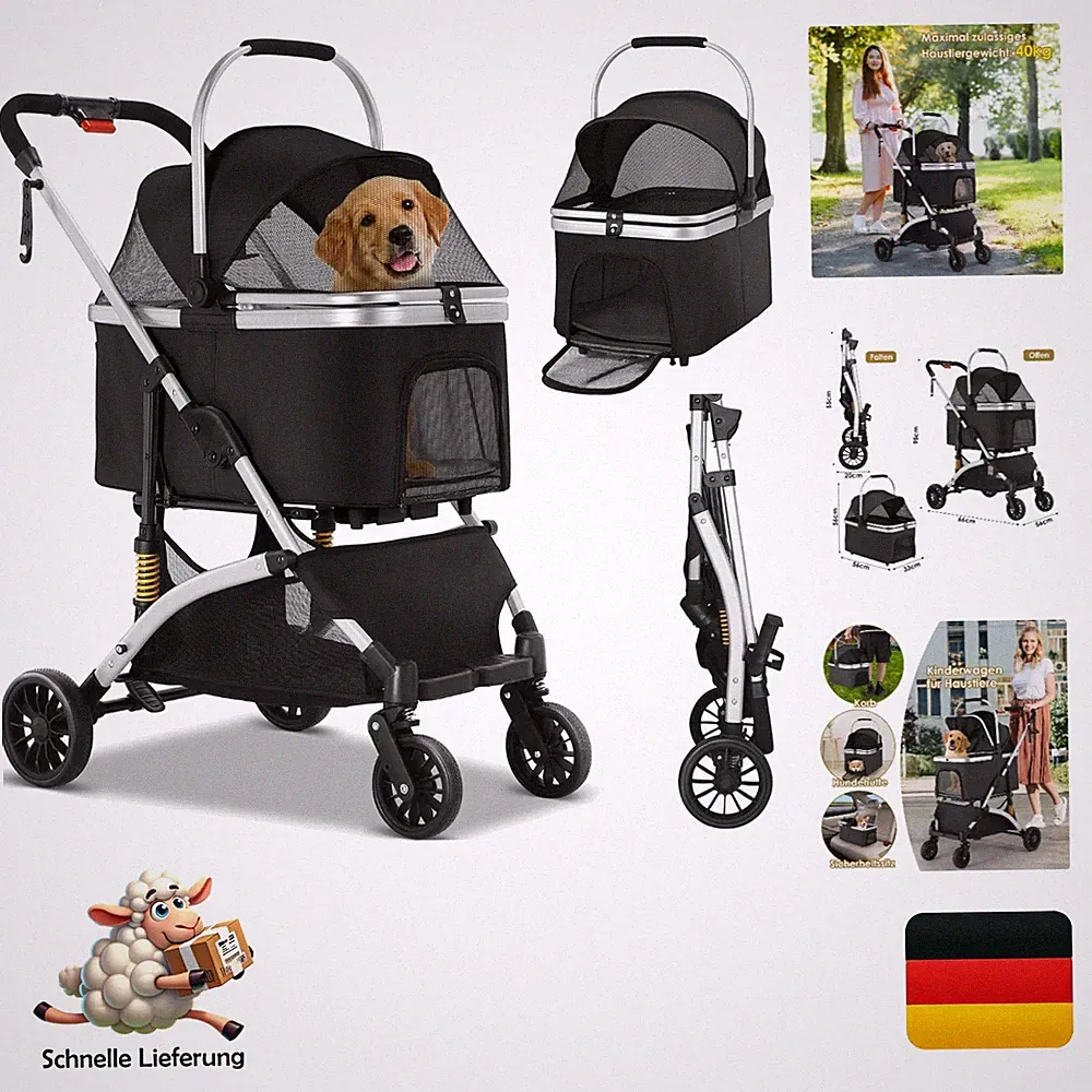 Mamizo 3in1 Hundebuggy Hundewagen Katzenbuggy Transportbox faltbar Silber Sch...