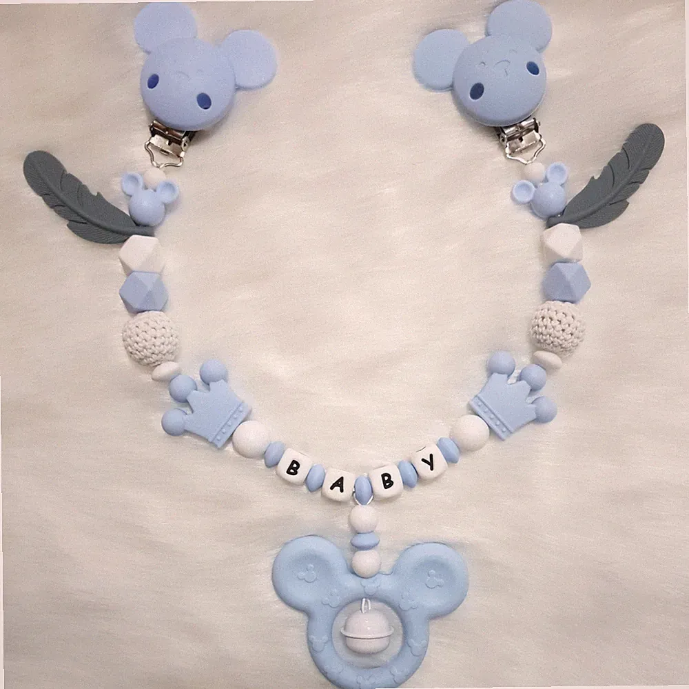 maus silikon Set Schnullerkette mit Name für Jungen und Mädchen | grau blau