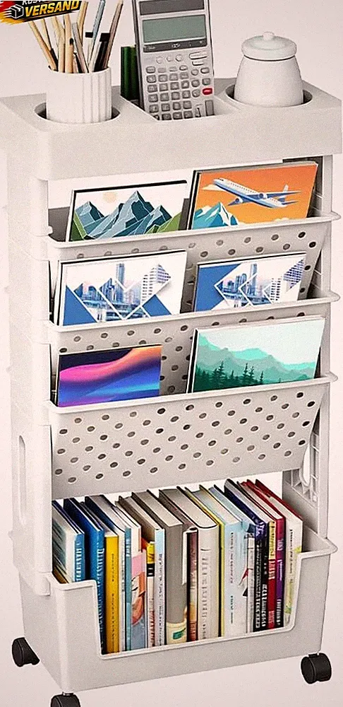 Mobiler Bücherwagen schmal 5 Ebenen Kinderzimmer Büro Organizer weiß