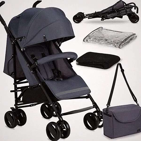 MoMi AKIRA Buggy Kinderwagen – Zusammenklappbar, Leicht 6,7 kg, Zubehör - Grau