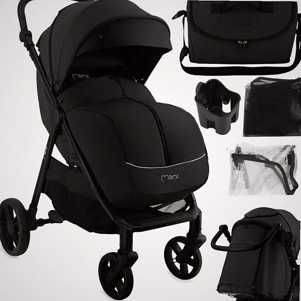 MoMi CLARA Kinderwagen 0m + 22kg Verstellbarer Griff Drehstange Zubehör Schwarz