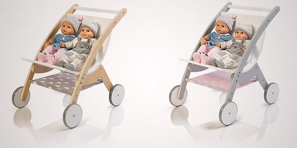 Musterkind Holz Spielzeug Puppen Kinder Zwillings Baby Wagen Buggy Gummi Reifen