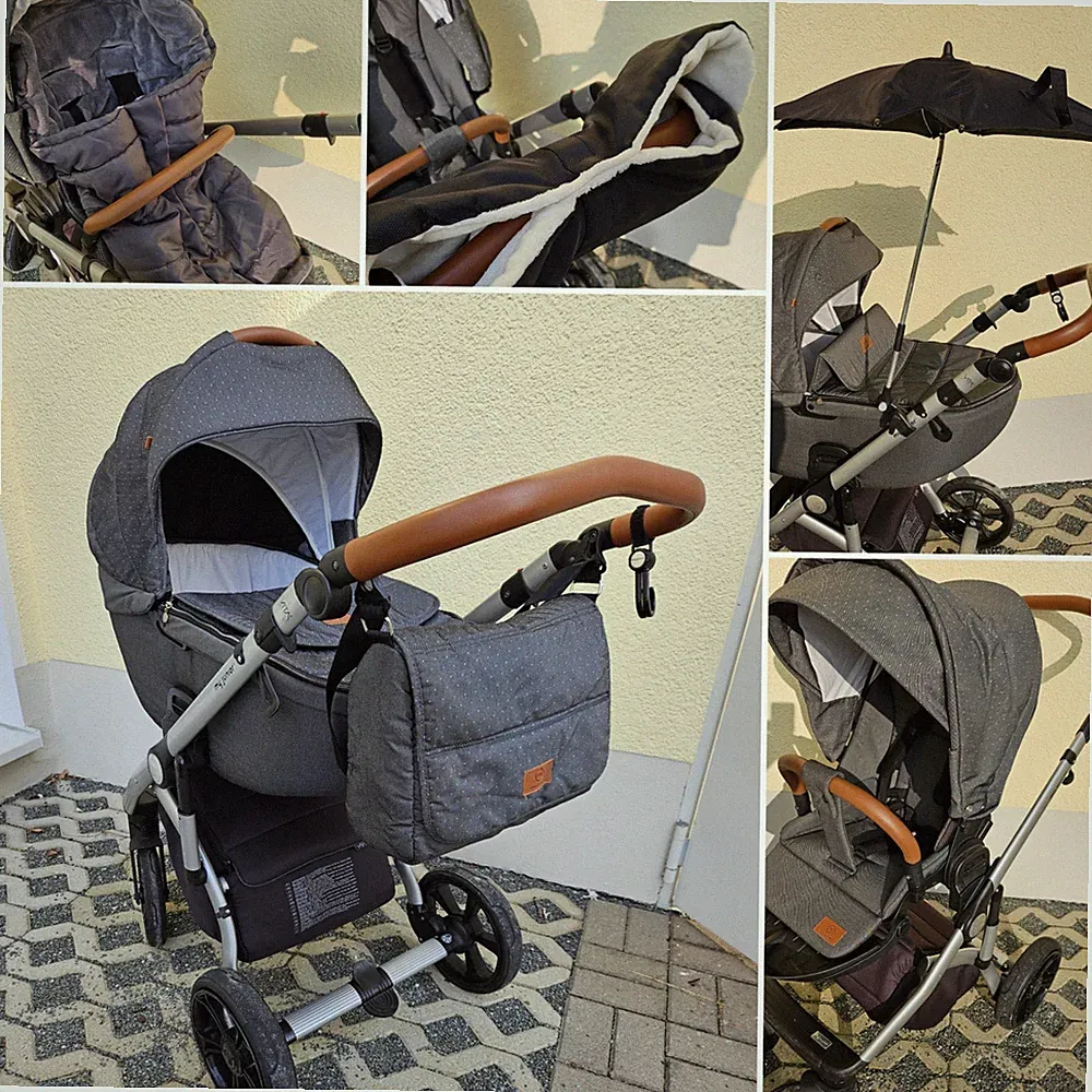 MY JUNIOR VITA UNIQUE GREY DOTS Kinderwagen - Babywanne, Sportaufsatz + Zubehör