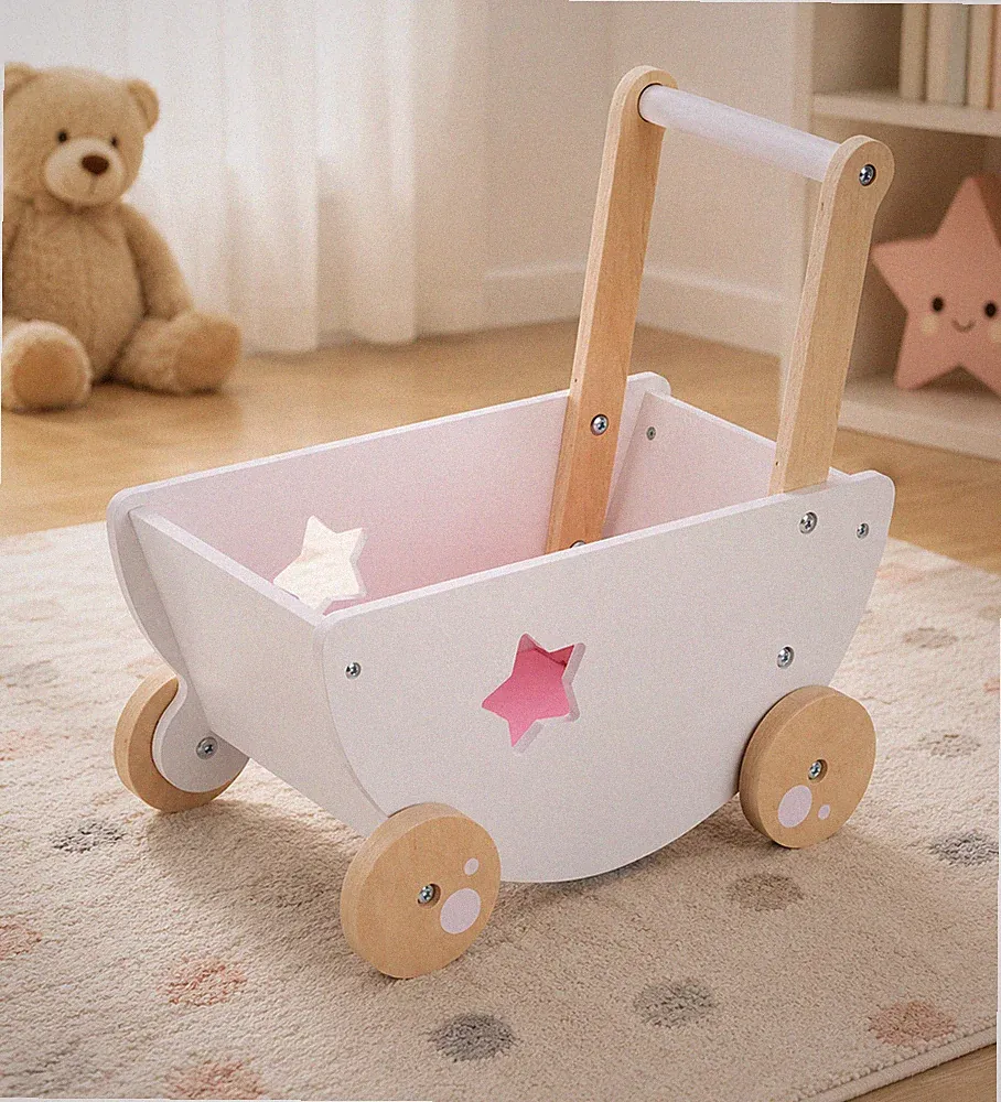 Navaris Puppenwagen Holz Weiß Lauflernwagen Puppenbett Kinder ab 18 Monaten F4