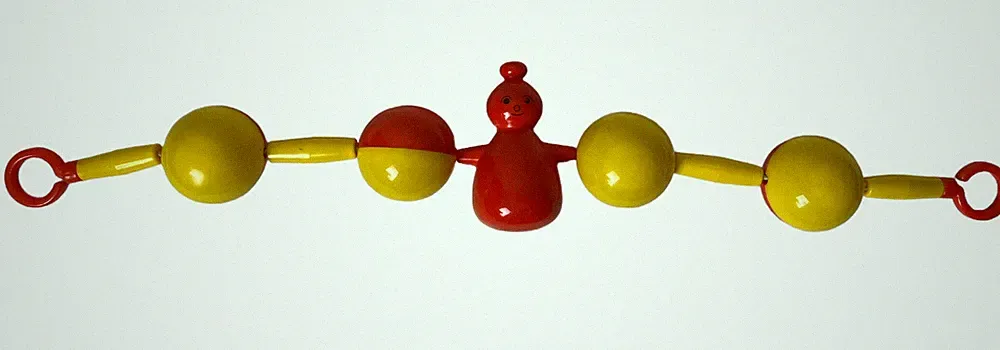 Orig. Kinderwagenkette Puppenwagen Baby Klapper Rassel orange gelb DDR Ostalgie