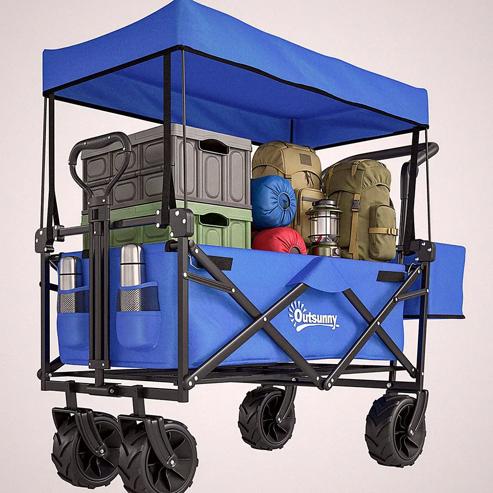 Outsunny Outdoor Schiebewagen Kinderwagen Wagen mit Verdeck Blau