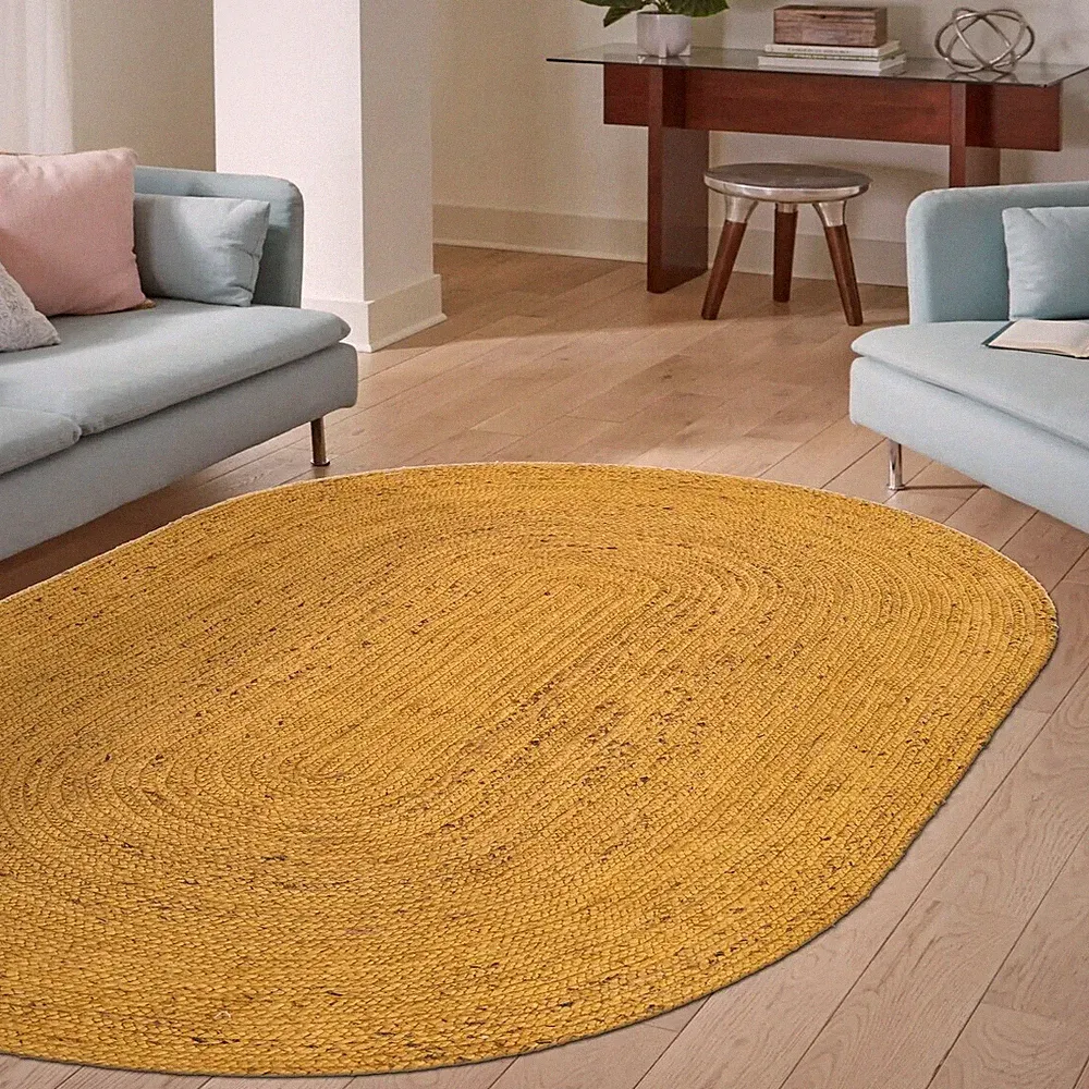 Ovaler Jute Teppich in Gelb Farbe Handgefertigter Vorleger Türmatte für Wohnz...