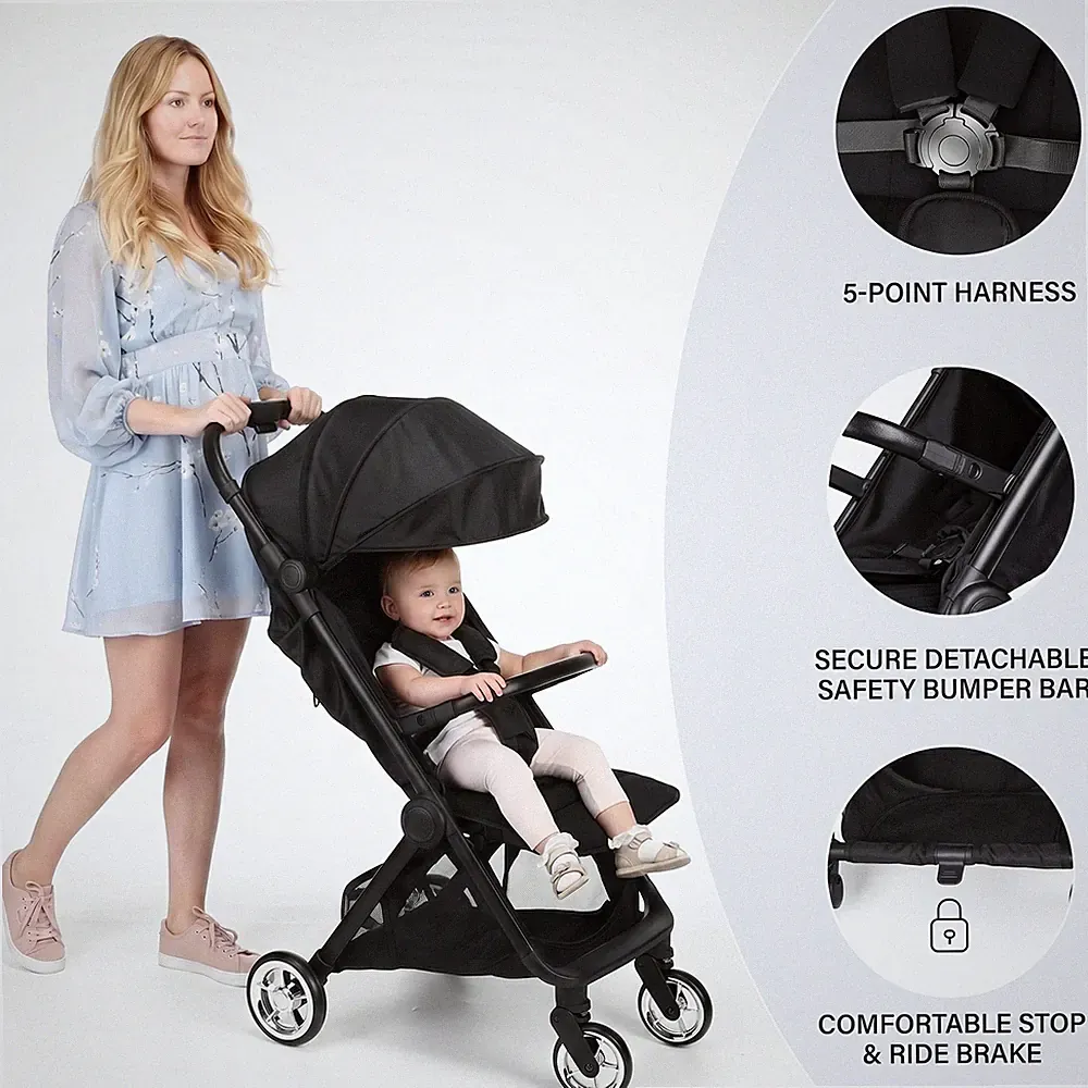 OYAJIA Schwarzer Kinderwagen, zusammenklappbar, mit verstellbarer Rückenlehne