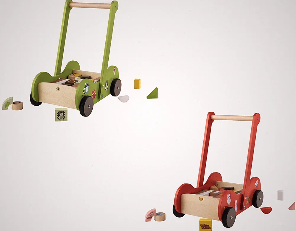 PLAYTIVE Schiebewagen Puppenwagen Kinderwagen Spiel Waldtiere Holz 31 tlg.