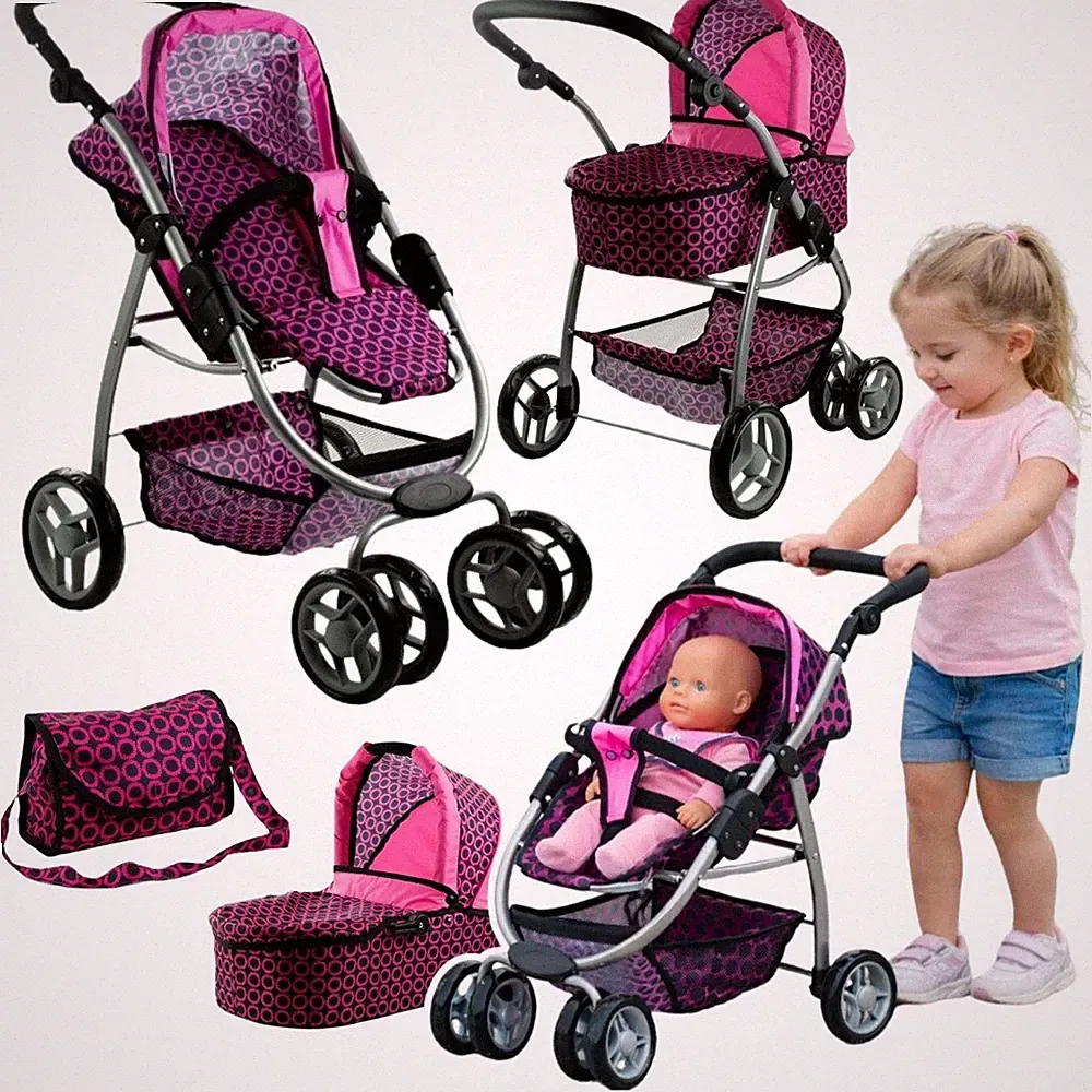 Puppenwagen 2in1 Kombi Kinderwagen Buggy Wickeltasche Rosa Verstellbarem Griff