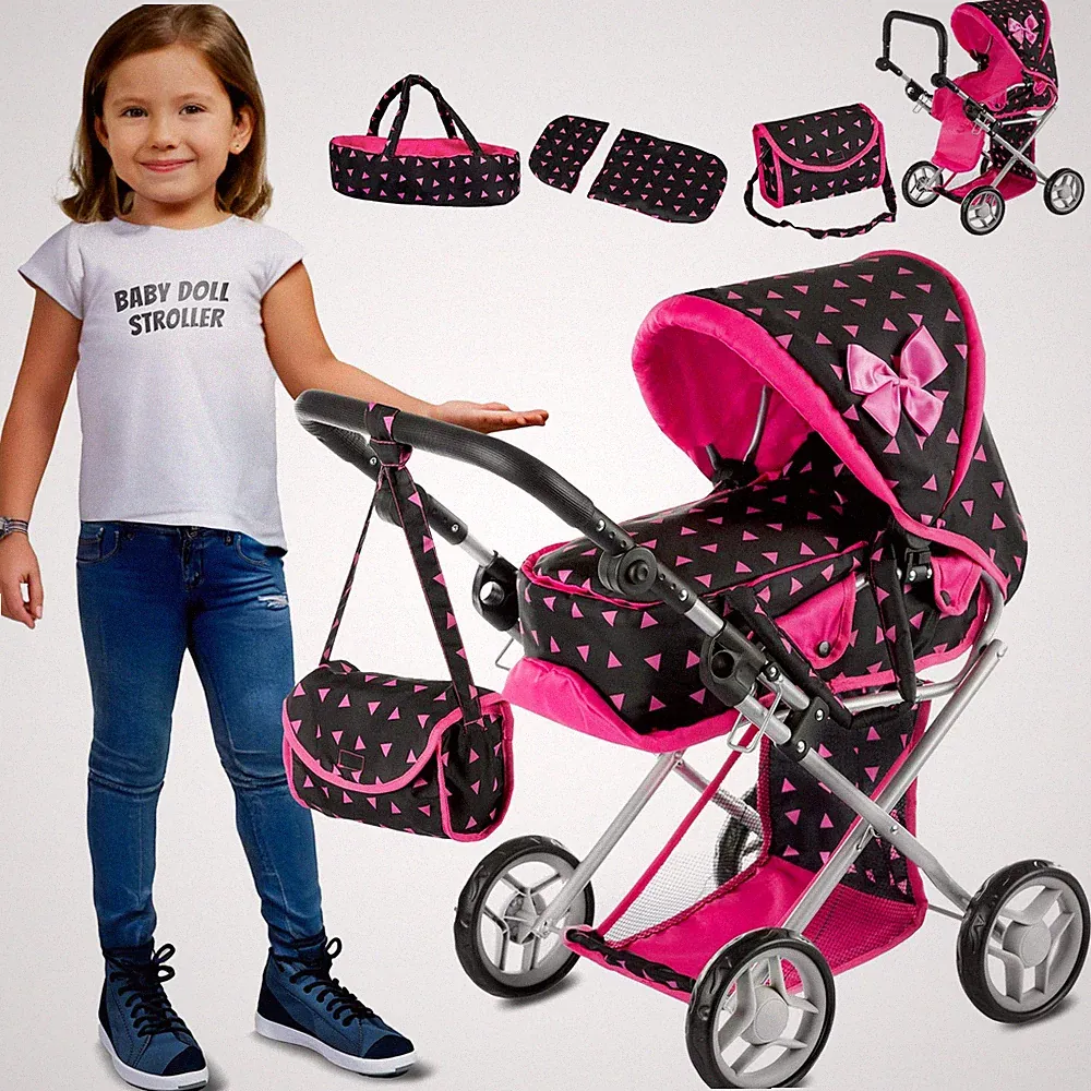 Puppenwagen 3in1 Kombi mit Zubehör & verstellbarer Griffhöhe rosa