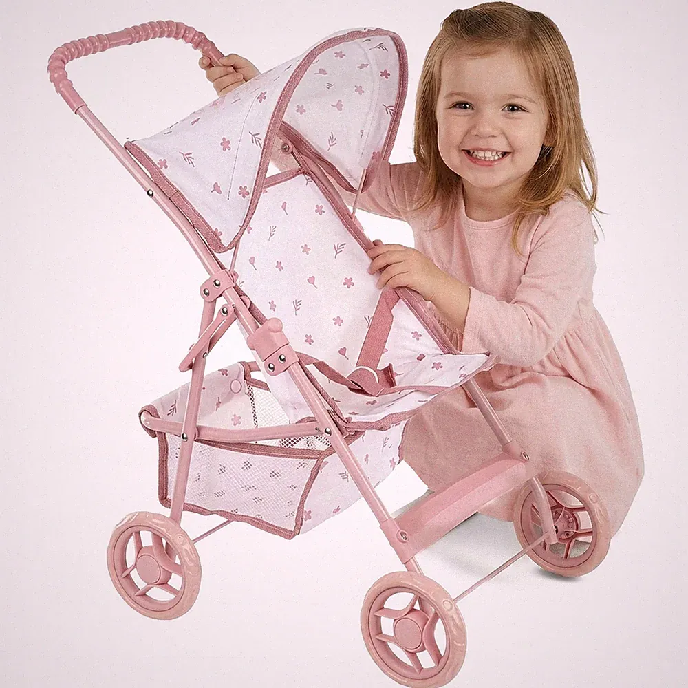 Puppenwagen Buggy klappbar leicht mit Zubehörkorb rosa