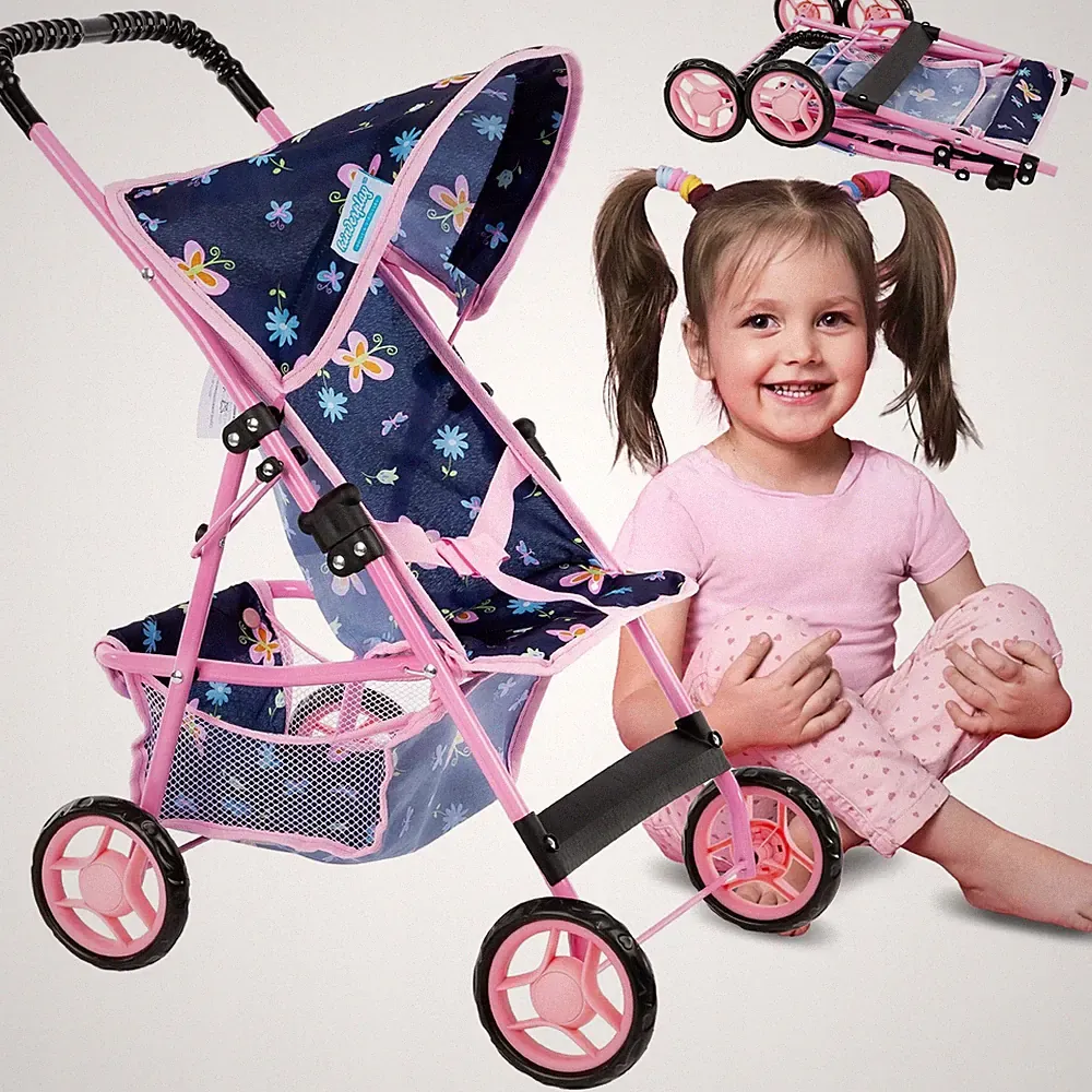 Puppenwagen Buggy klappbar leicht stabil mit Gurt und Einkaufskorb