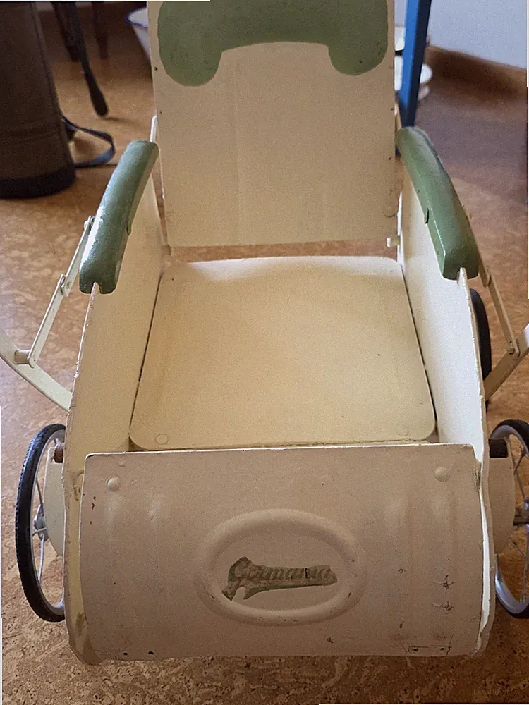 Puppenwagen Germania Kinderwagen Holz Hartfasee /Metall 1950er Vintage 67x40x60