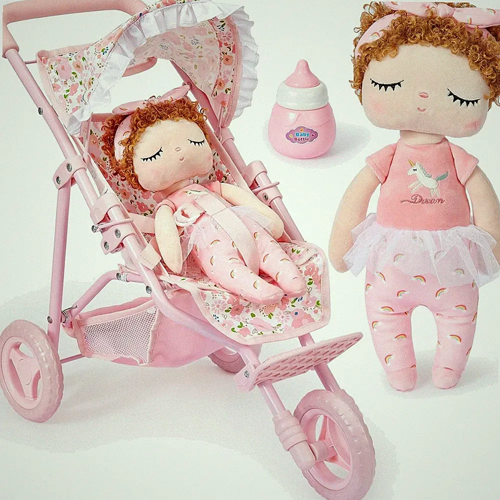 Puppenwagen Kind ab 3 Jahre mit Stoffpuppe Spielzeug rosa 55cm