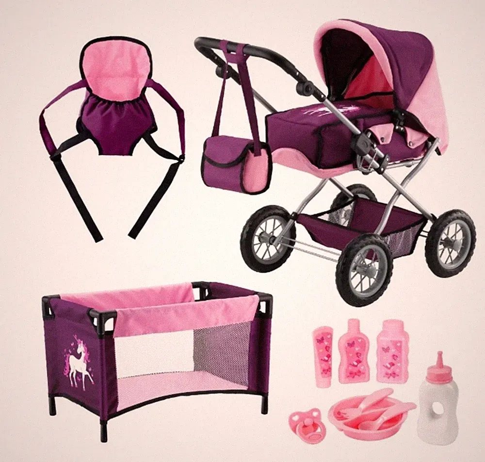 Puppenwagen Kombi Set Grande Bayer Megaset mit Reisebett und Zubehör Einhorn