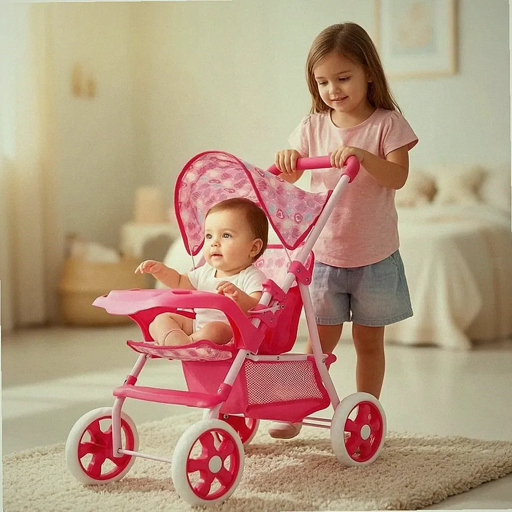Puppenwagen mit Korb Zusammenklappbar Spielzeug-Puppenwagen Kompakt für Kinder