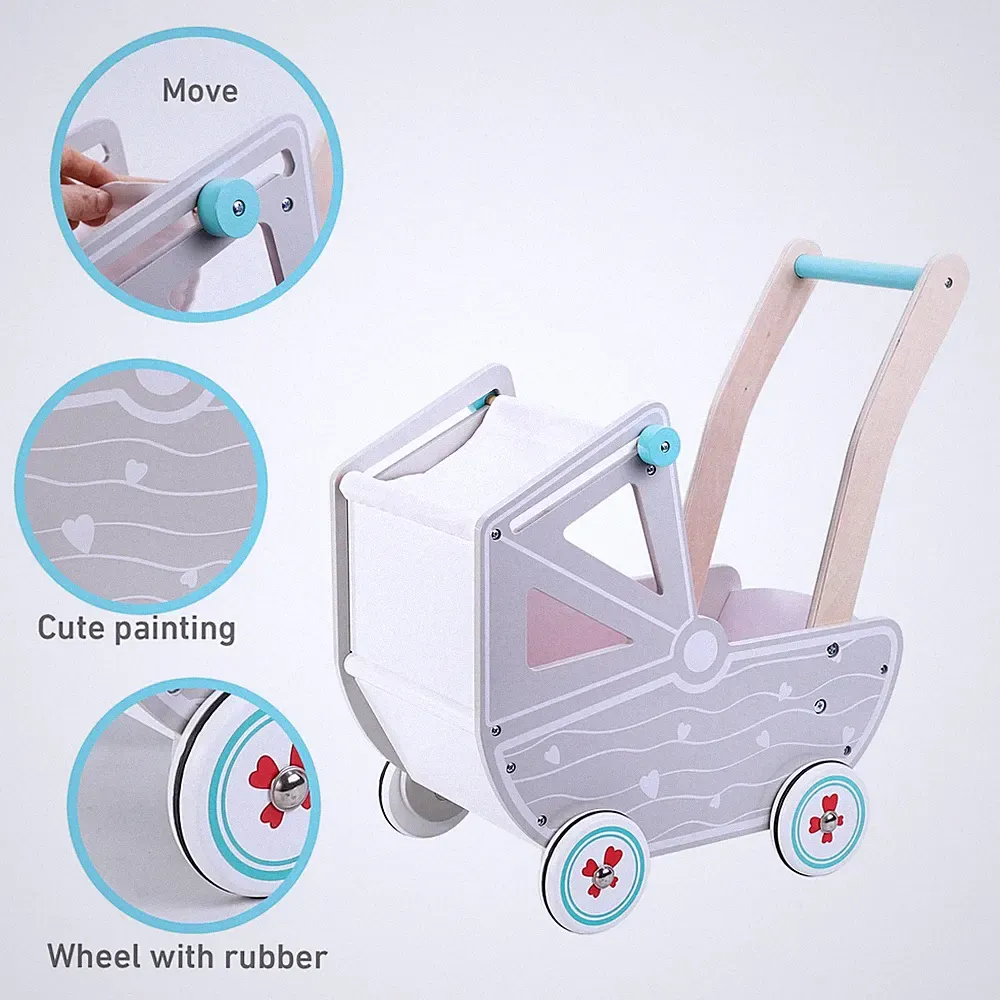 Puppenwagen Naturholz 50cm Holzkinderwagen mit Bettwäsche Rollenspiel Spielzeug für Kinder