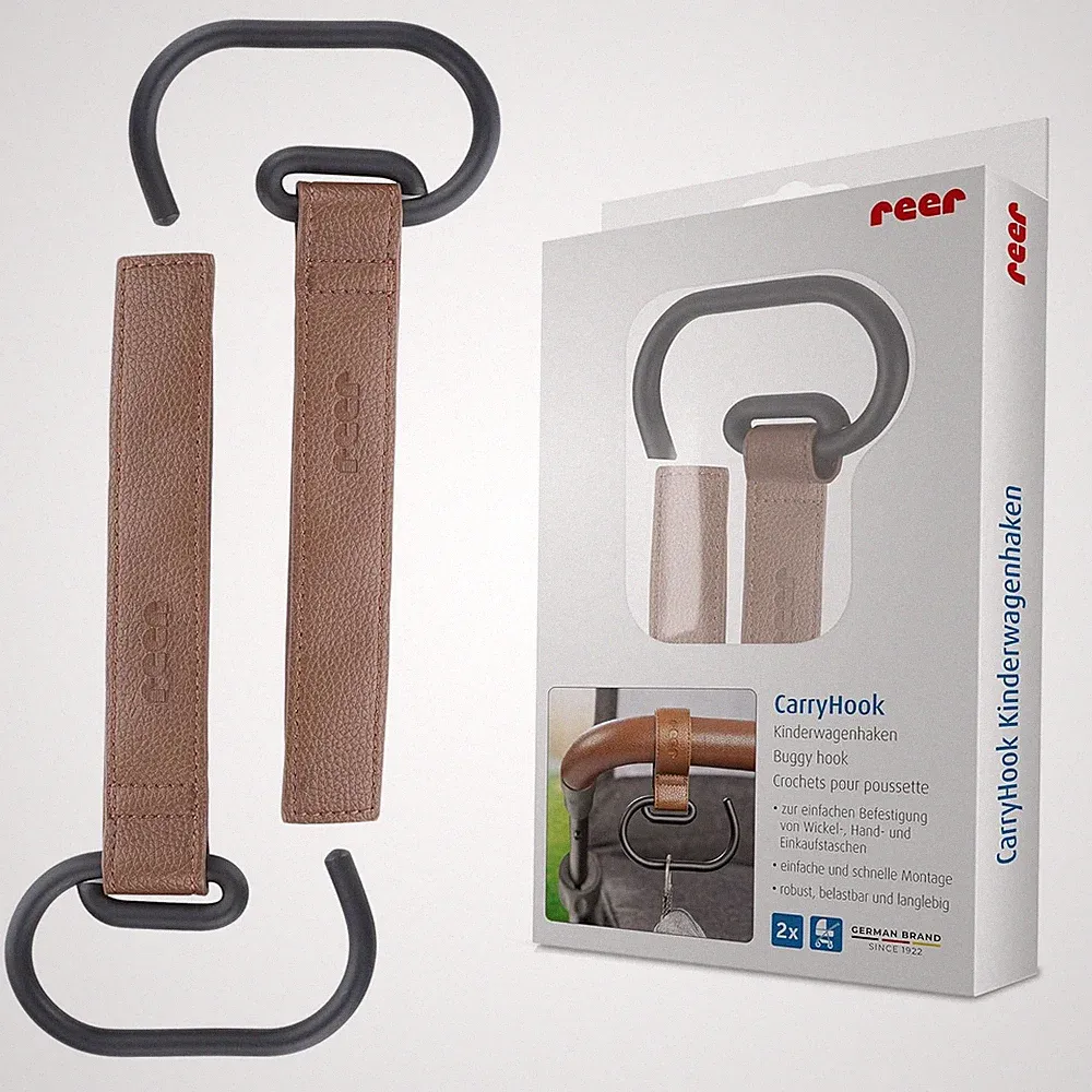reer CarryHook Kinderwagenhaken Universal-Haken Klettverschluss Braun 2 Stück