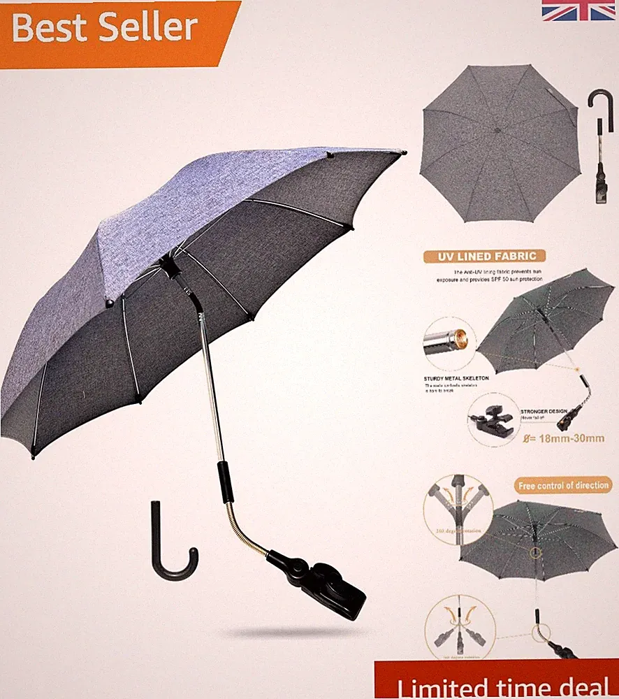Robuster 73 cm Kinderwagenschirm mit verstellbarer Befestigungsklemme & 360 Neigung - Grau
