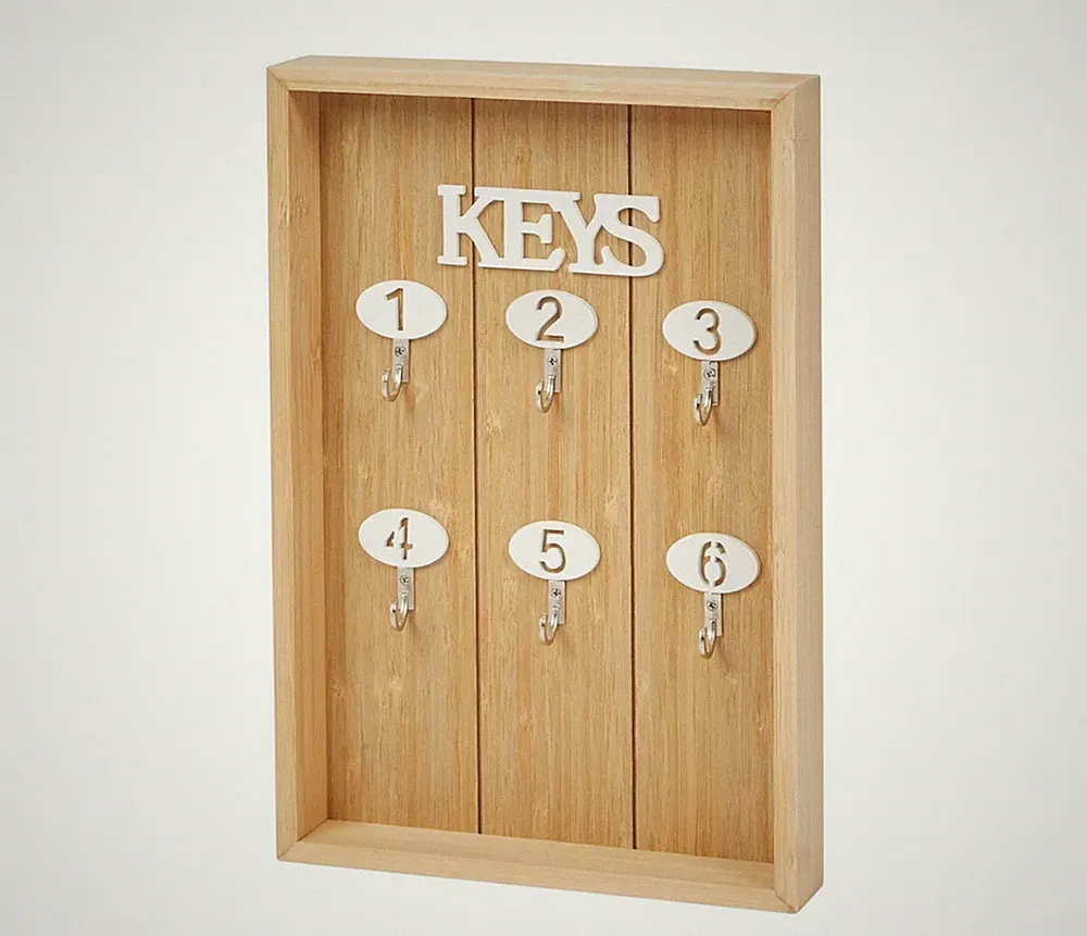 Schlüsselbrett Bambus Holz Braun Keys mit 6 Metallhaken NEU & OVP