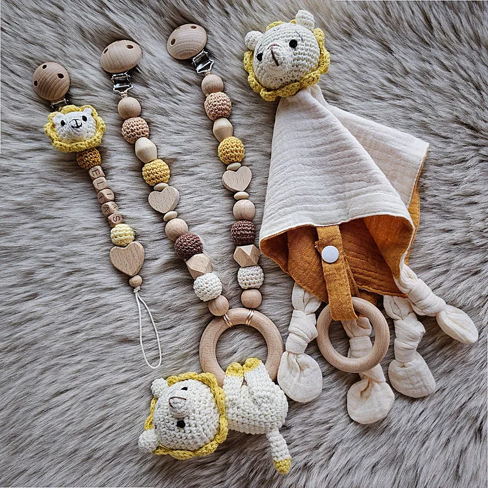 Schnullerkette 3er Set Löwe Kinderwagenkette Schmusetuch Kuscheltuch Gelb