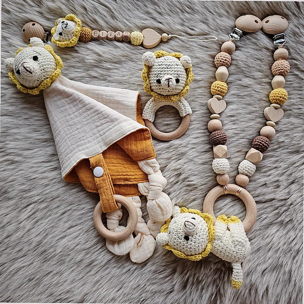 Schnullerkette 4er Set Löwe Kinderwagenkette Greifring Schmusetuch