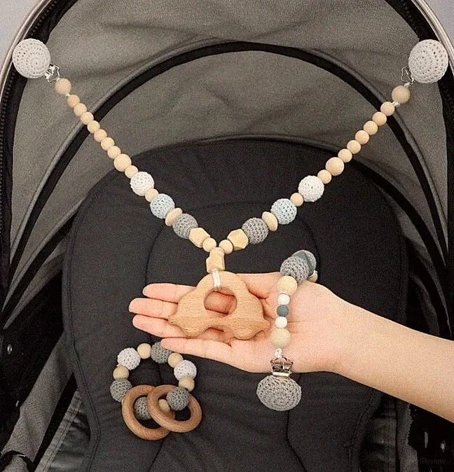 Schnullerkette Kinderwagenkette beissring Silikon Holz Junge Auto Set Grau