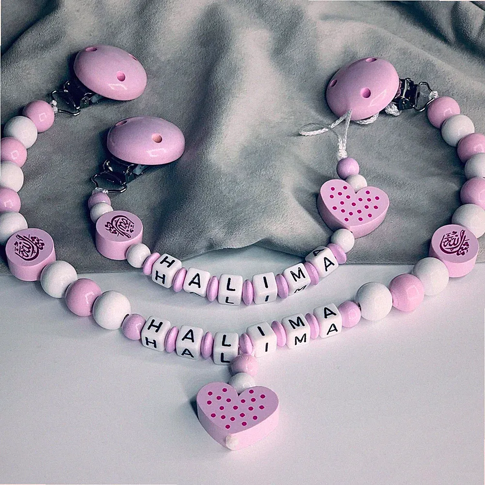 Schnullerkette & kinderwagenkette mashallah arabische Schrift rosa grau Herz..