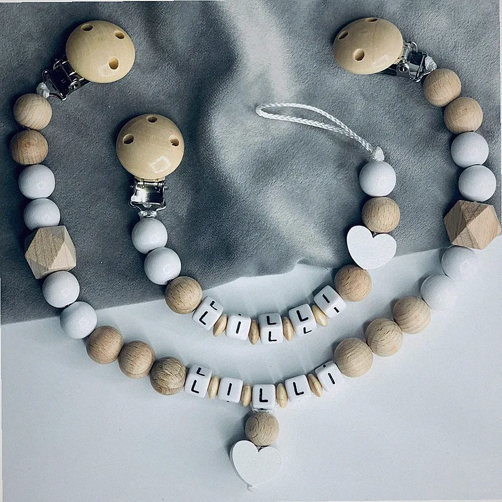 Schnullerkette & kinderwagenkette mit Namen ★ Natur Holz & Weiß. Herz baby taufe