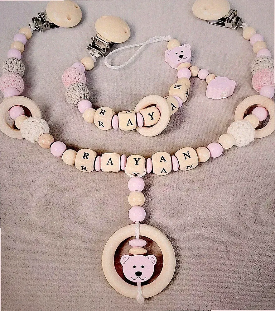 Schnullerkette mit Namen Mädchen Junge Rosa Blau Holz Kunststoff Baby Geschenk