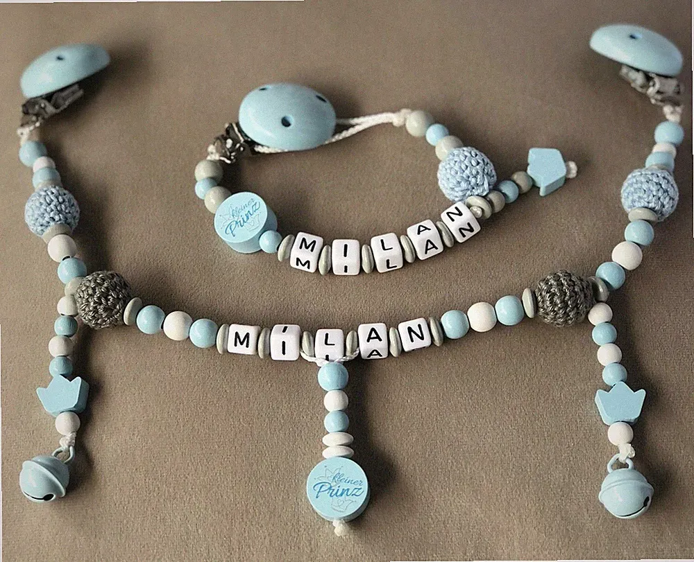 Schnullerkette mit Namen Mädchen Junge Rosa Blau Holz Kunststoff Baby Geschenk