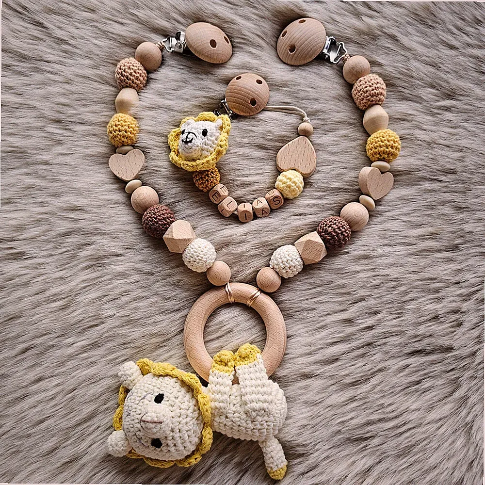 Schnullerkette Set Löwe Braun Kinderwagenkette Maxicosikette Nuckelkette
