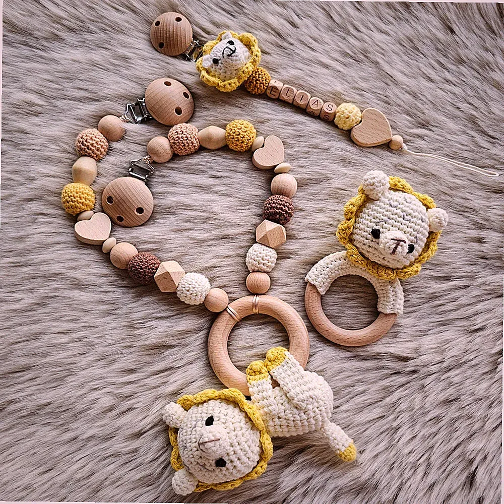 Schnullerkette Set Löwe Kinderwagenkette Greifring Doppelname Holz Natur