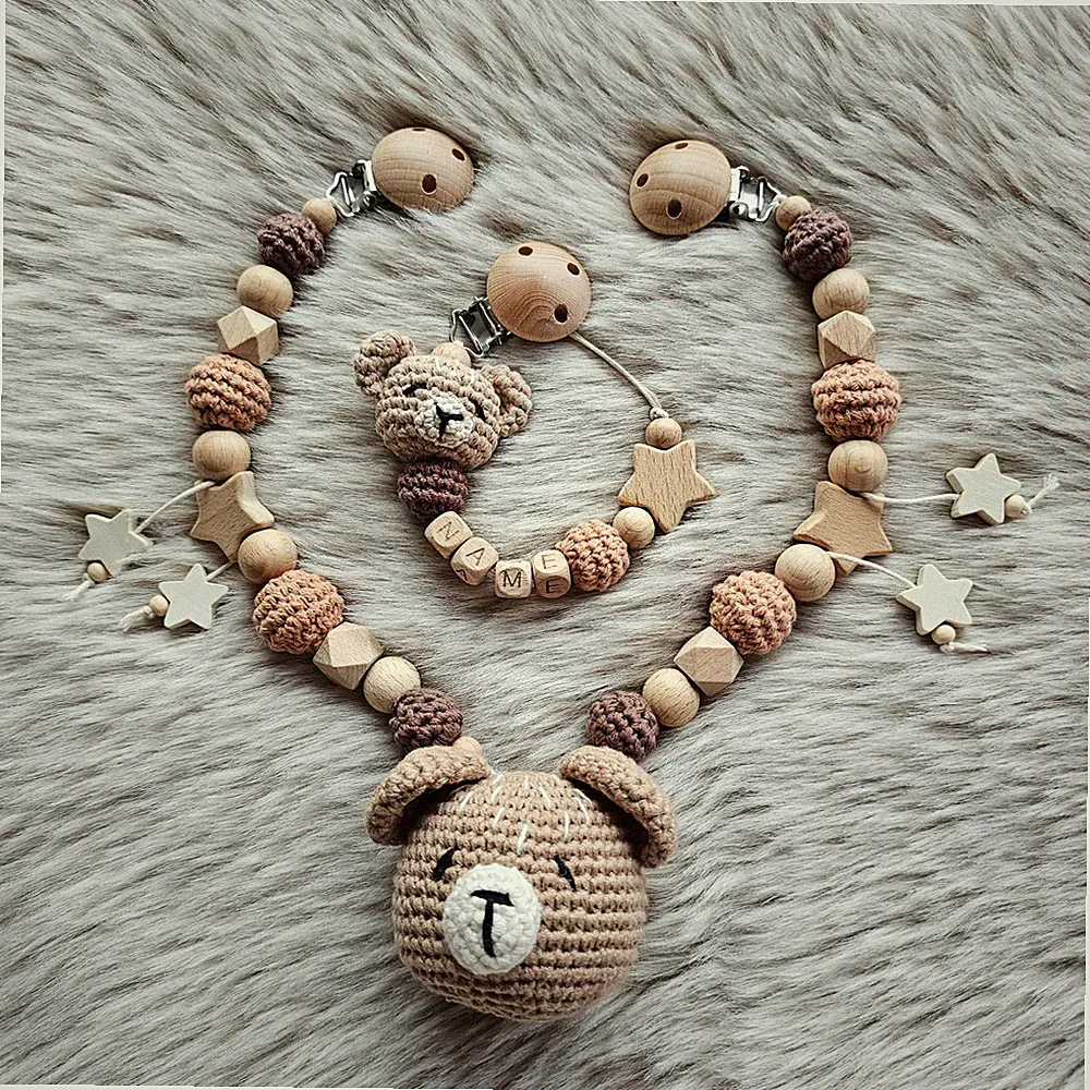 Schnullerkette Set Teddy Bär Braun Kinderwagenkette Maxicosikette Nuckelkette
