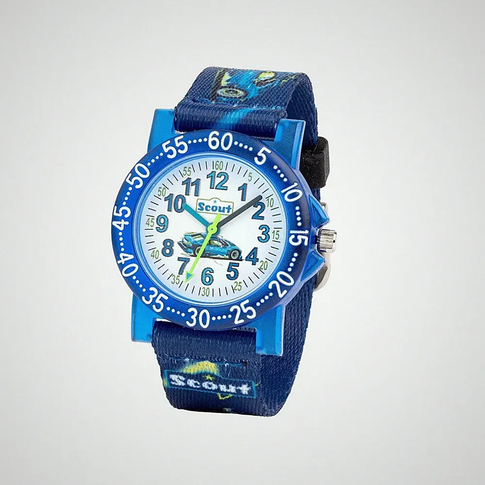 Scout Kinderuhr 164000033 Sportwagen-Motiv Textilband Blau 33 mm