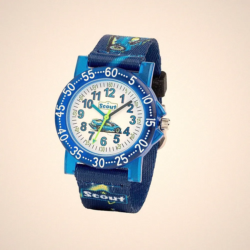 Scout Kinderuhr 164000033 Sportwagen-Motiv Textilband Blau 33 mm