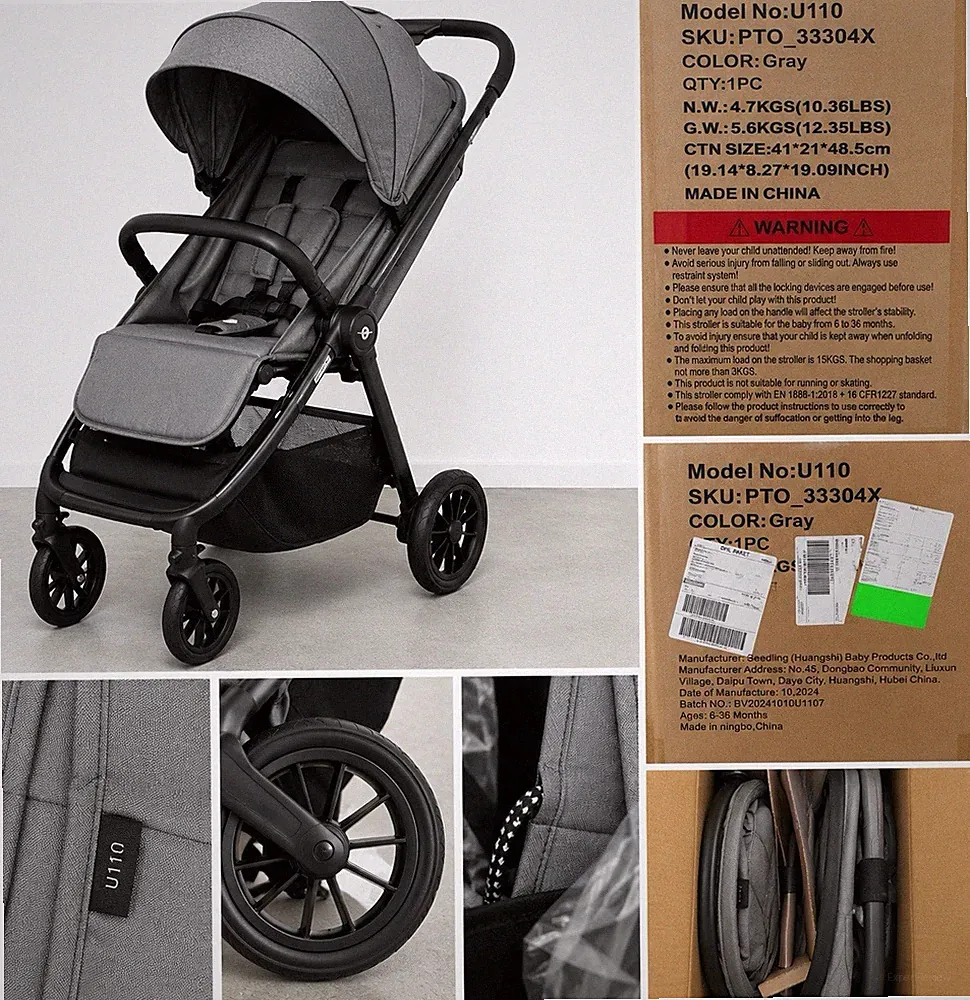 Seedling Buggy U110 Grau faltbar 4,7 kg Sonnendach Einkaufskorb 5-Punkt