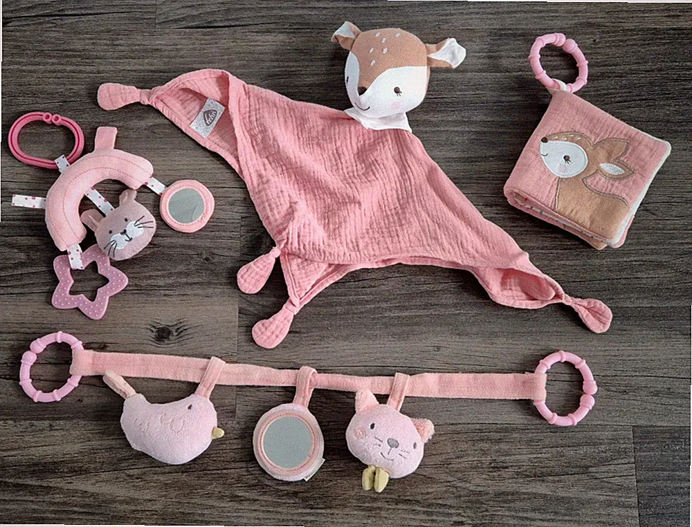 SET Baby Spielzeug Fehn Rehkitz Schmusetuch Buch Rosa Kinderwagenkette Anhänger