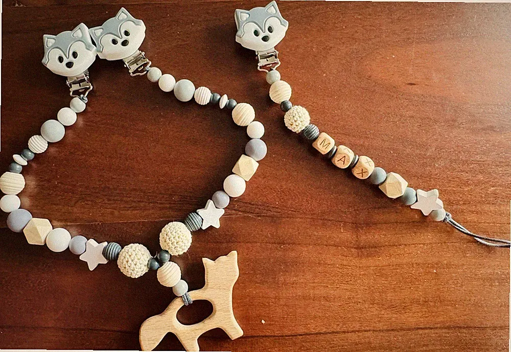 Set Schnullerkette Kinderwagenkette Fuchs Grau Personalisiert