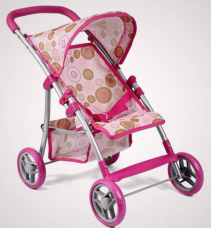 Spielzeug Puppenwagen sitzend Gold/Rosa mit Verdeck, Korb, 58,5x33,5x56 cm