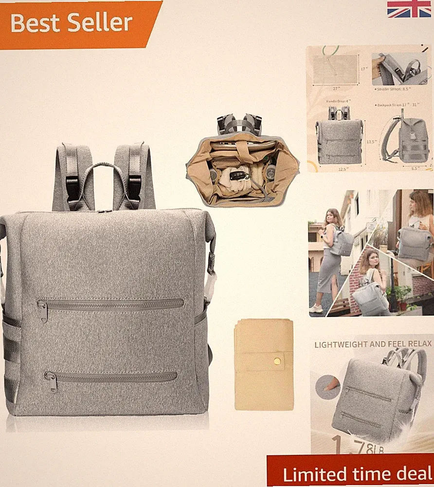 Stylischer grauer Baby Windelrucksack - große Kapazität, 15 Taschen & Kinderwagengurte
